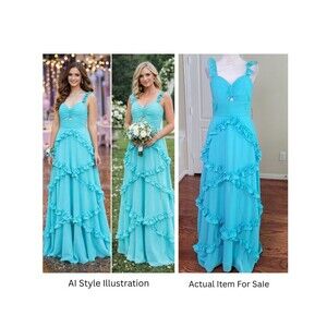 Bridesmaid Maxi Dress Blue Women 2 Chiffon Ruffle Sweetheart Prom Wedding Guest